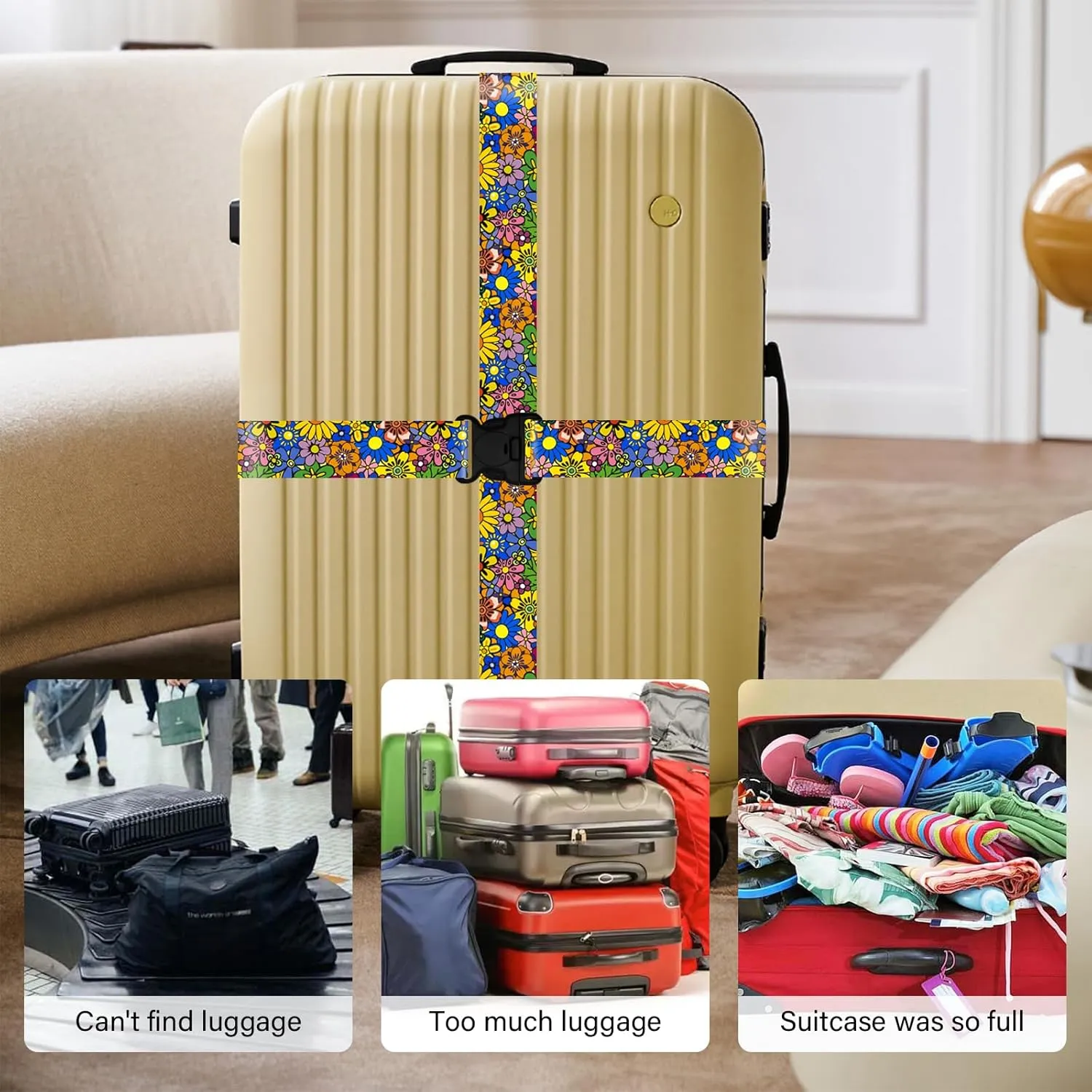Travel Belt for Luggage Straps, Personality Pattern Luggage Straps for Suitcases with Quick Release Buckle, Adjustable Nylon Strap Cross Suitcase Belt, 1.96 in W x 6.5 ft L, 2 Pack - Cartoon Flower
