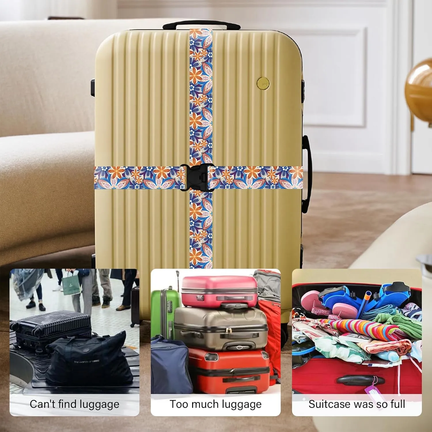 Travel Belt for Luggage Straps, Personality Pattern Luggage Straps for Suitcases with Quick Release Buckle, Adjustable Nylon Strap Cross Suitcase Belt, 1.96 in W x 6.5 ft L, 2 Pack - Orange Blossom