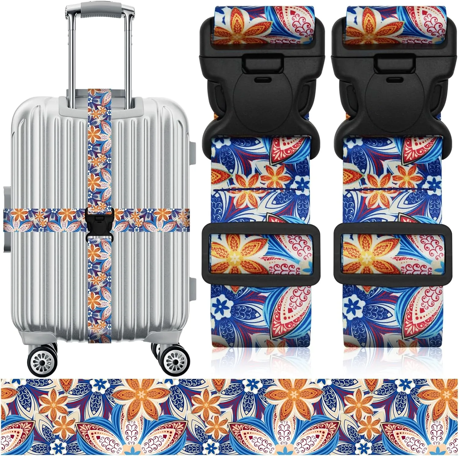 Travel Belt for Luggage Straps, Personality Pattern Luggage Straps for Suitcases with Quick Release Buckle, Adjustable Nylon Strap Cross Suitcase Belt, 1.96 in W x 6.5 ft L, 2 Pack - Orange Blossom