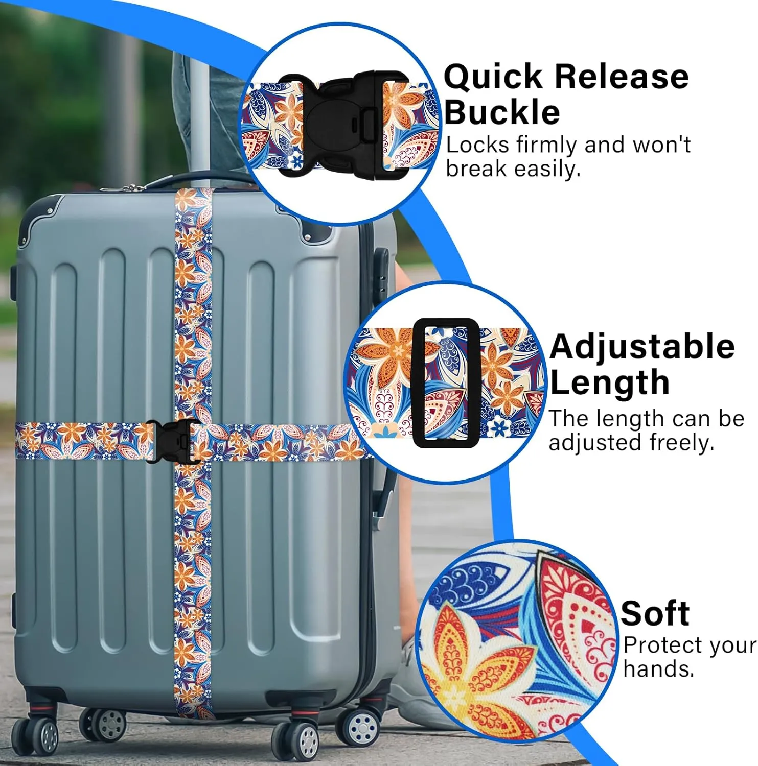 Travel Belt for Luggage Straps, Personality Pattern Luggage Straps for Suitcases with Quick Release Buckle, Adjustable Nylon Strap Cross Suitcase Belt, 1.96 in W x 6.5 ft L, 2 Pack - Orange Blossom