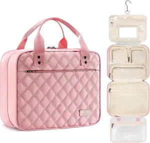 Travel Toiletry Bag for Women, Makeup Bag Organizer with Detachable Mirror and Transparent Cosmetic Bag, Suitable for Travel Size Toiletries, Gifts for Women (Light Pink)