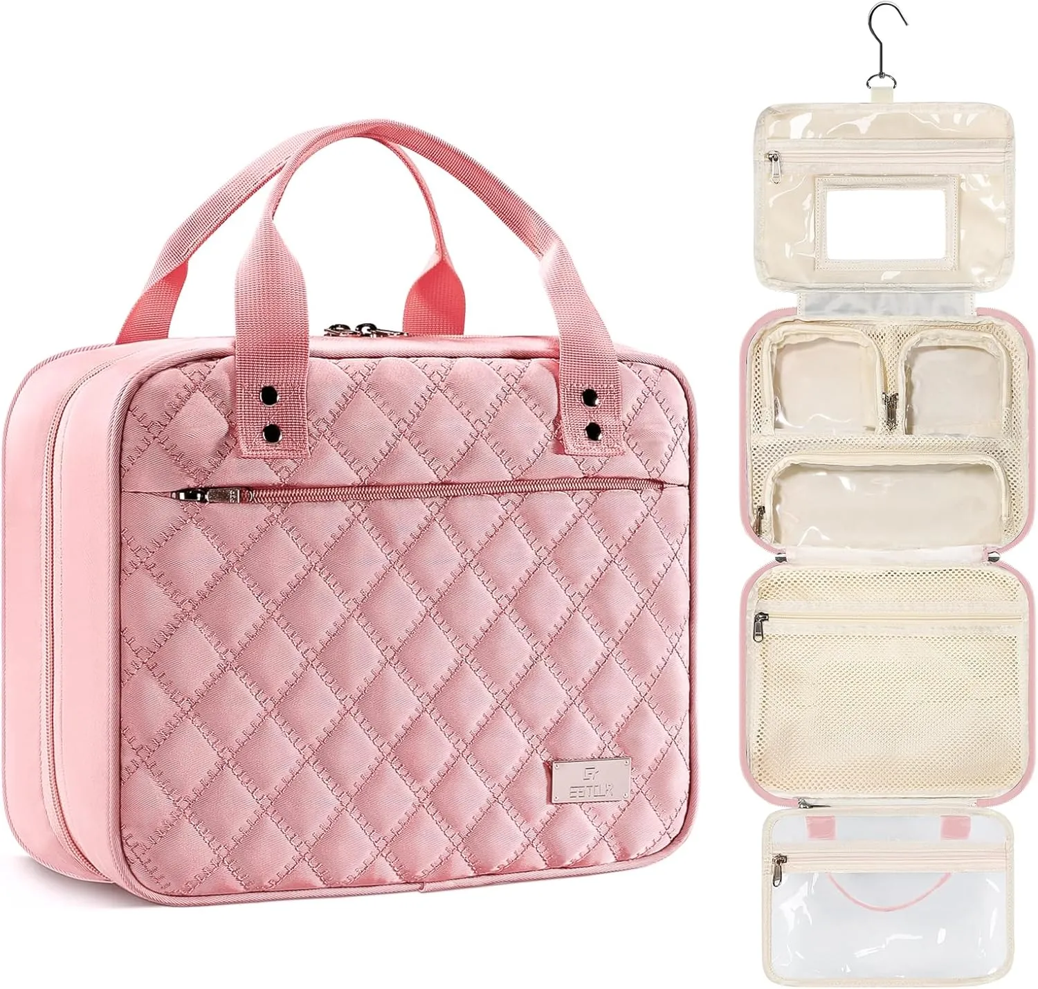 Travel Toiletry Bag for Women, Makeup Bag Organizer with Detachable Mirror and Transparent Cosmetic Bag, Suitable for Travel Size Toiletries, Gifts for Women (Light Pink)