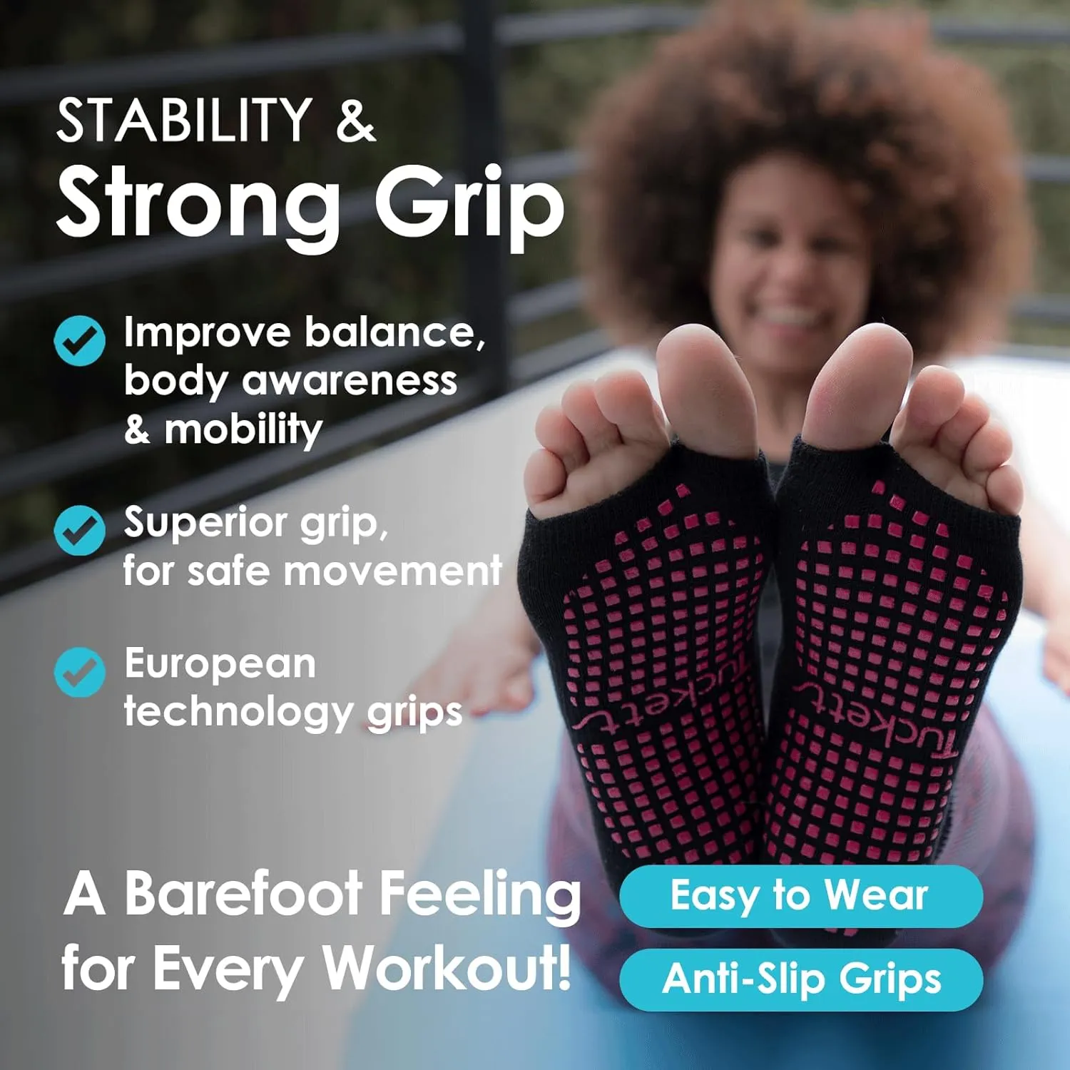 Tucketts Toeless Pilates Socks with Grips for Women, Non-Slip Yoga & Barre Socks for Stability & Barefoot Workouts, Size 5-13