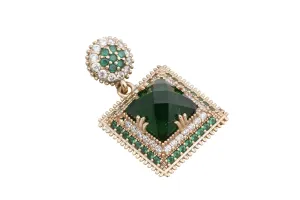 Turkish Handmade Jewelry Hurrem Square Shape Emerald and Round Cut Topaz 925 Sterling Silver Pendants