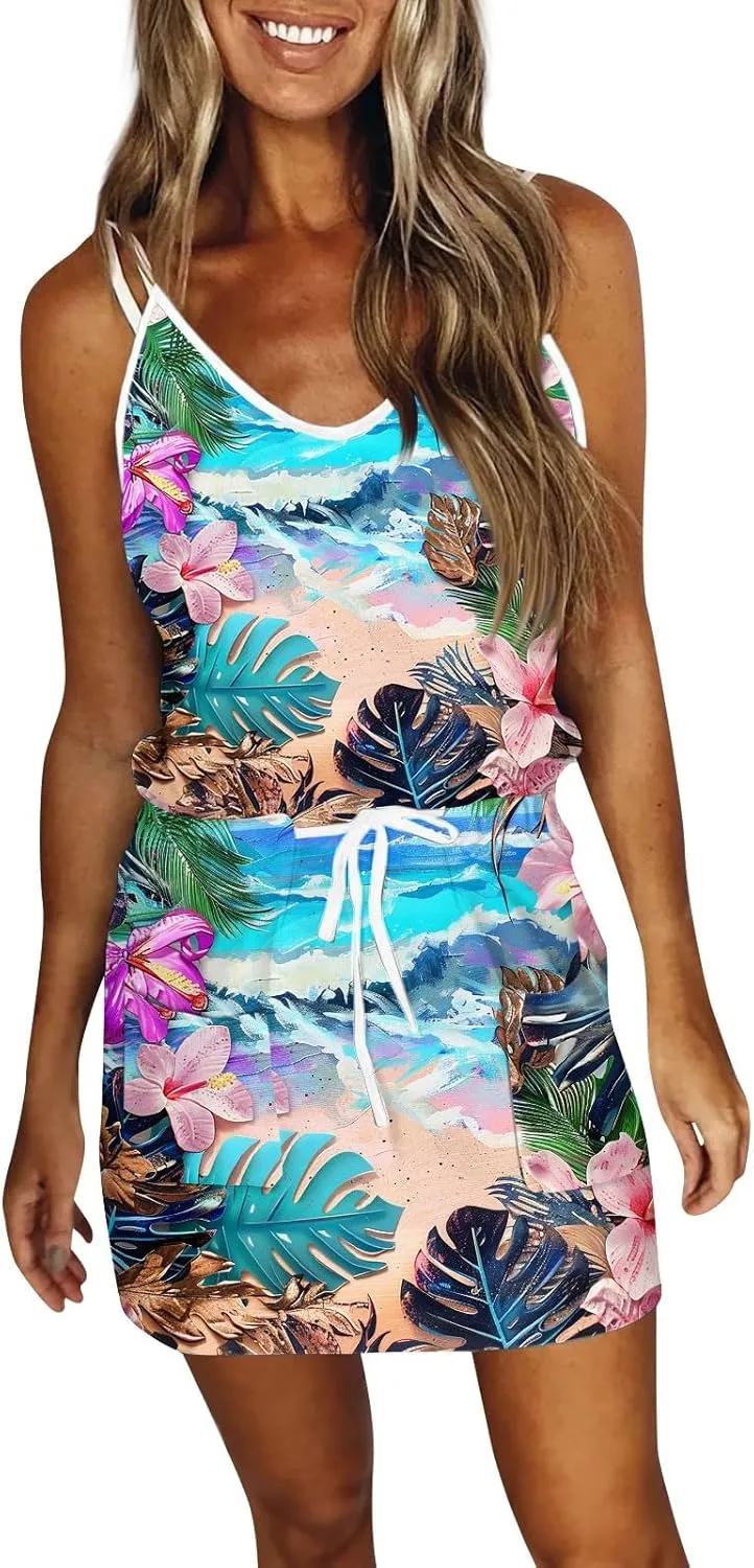 TWGONE Summer Dresses for Women 2024 Sleeveless Sexy Beach V-Neck Fringe Printed Strapless Sun Dress