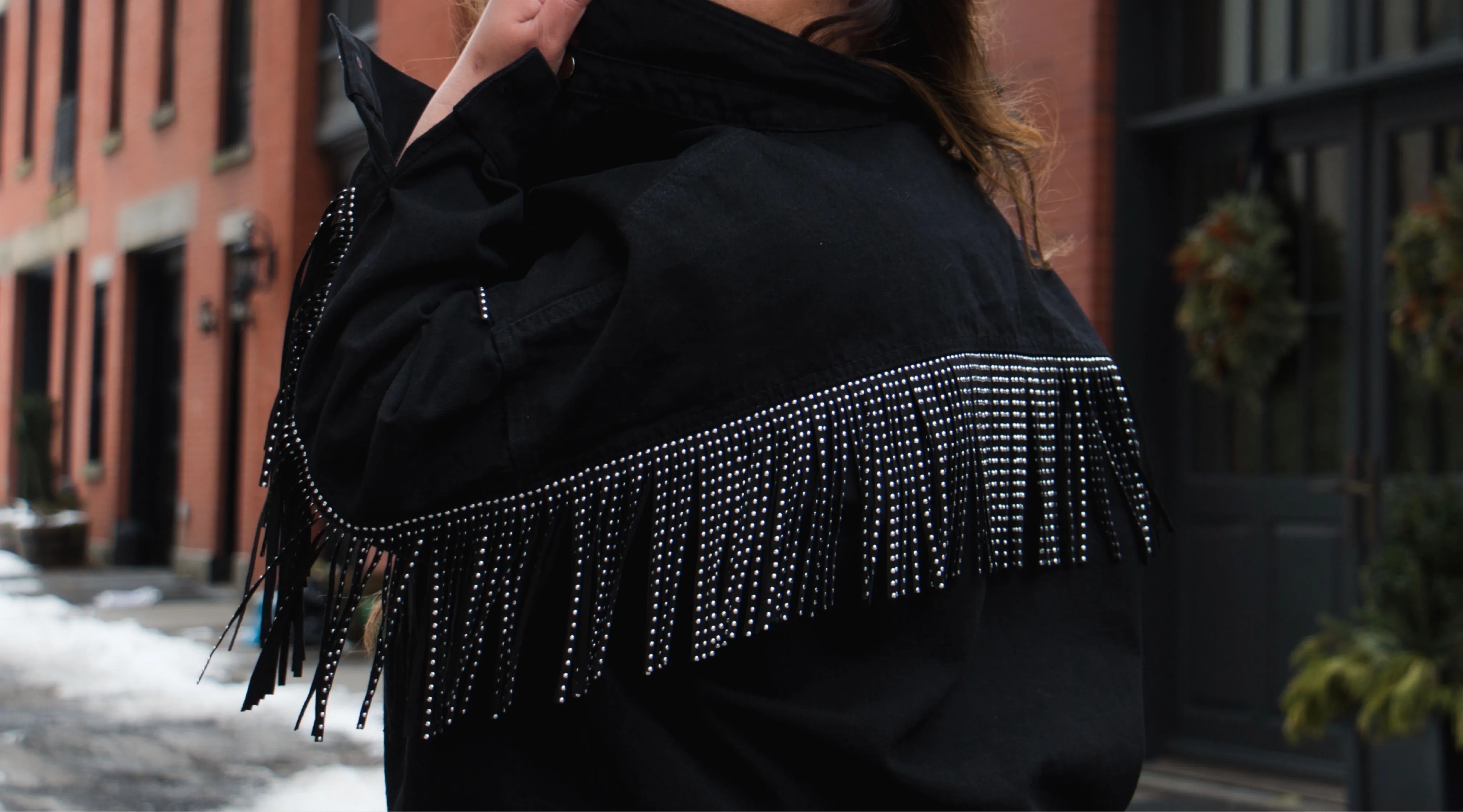 Twill Denim Jacket With Metal Stud Fringe