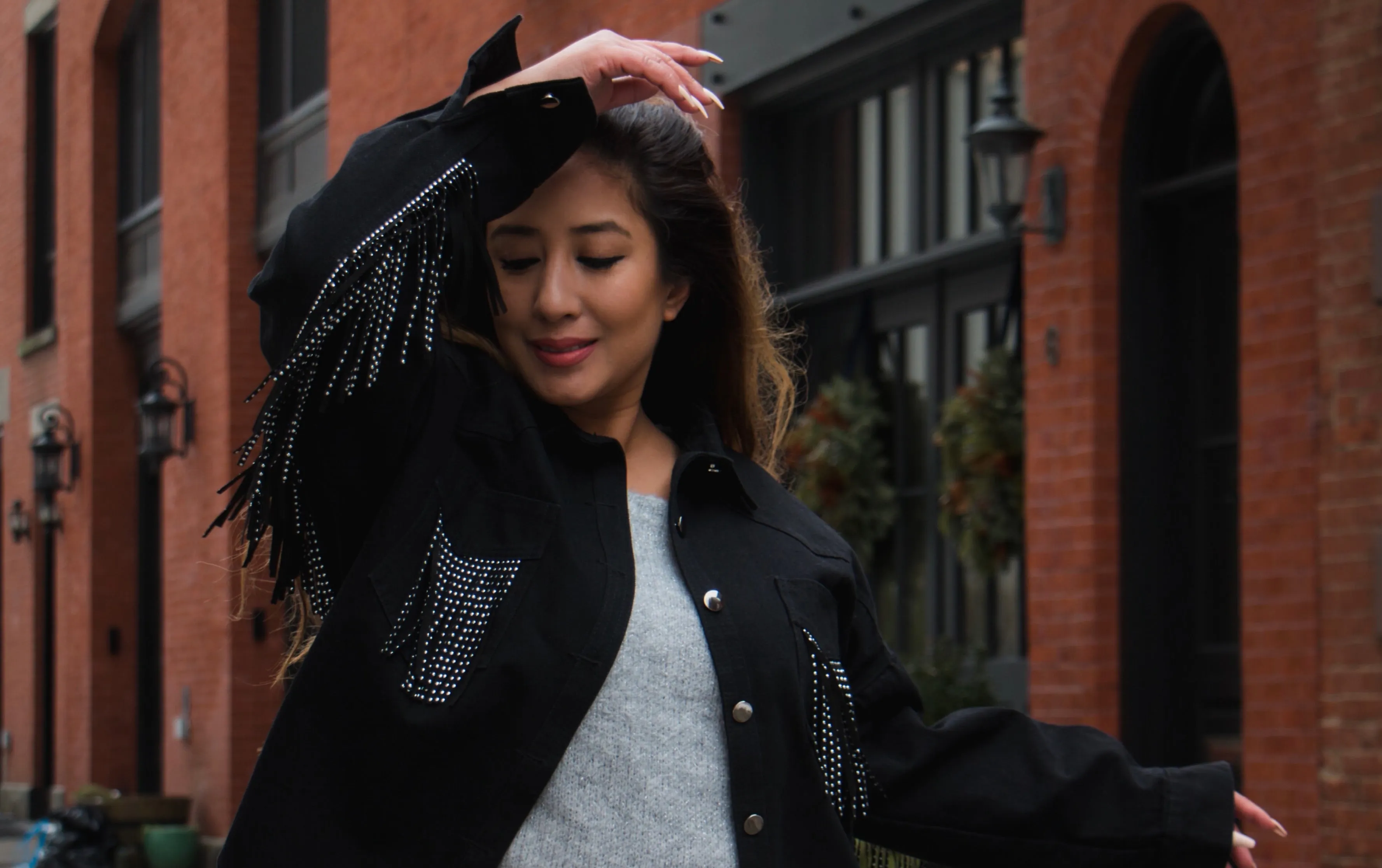 Twill Denim Jacket With Metal Stud Fringe