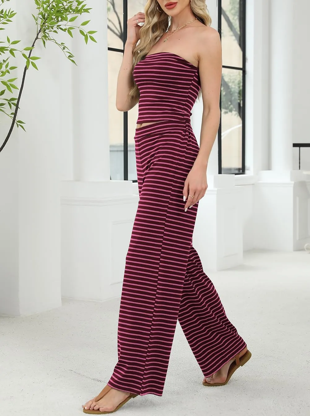 Two Piece Sets For Women Summer Outfits Lounge Sets Striped Tube Top And Pants Matching Sets Beach Vacation Travel