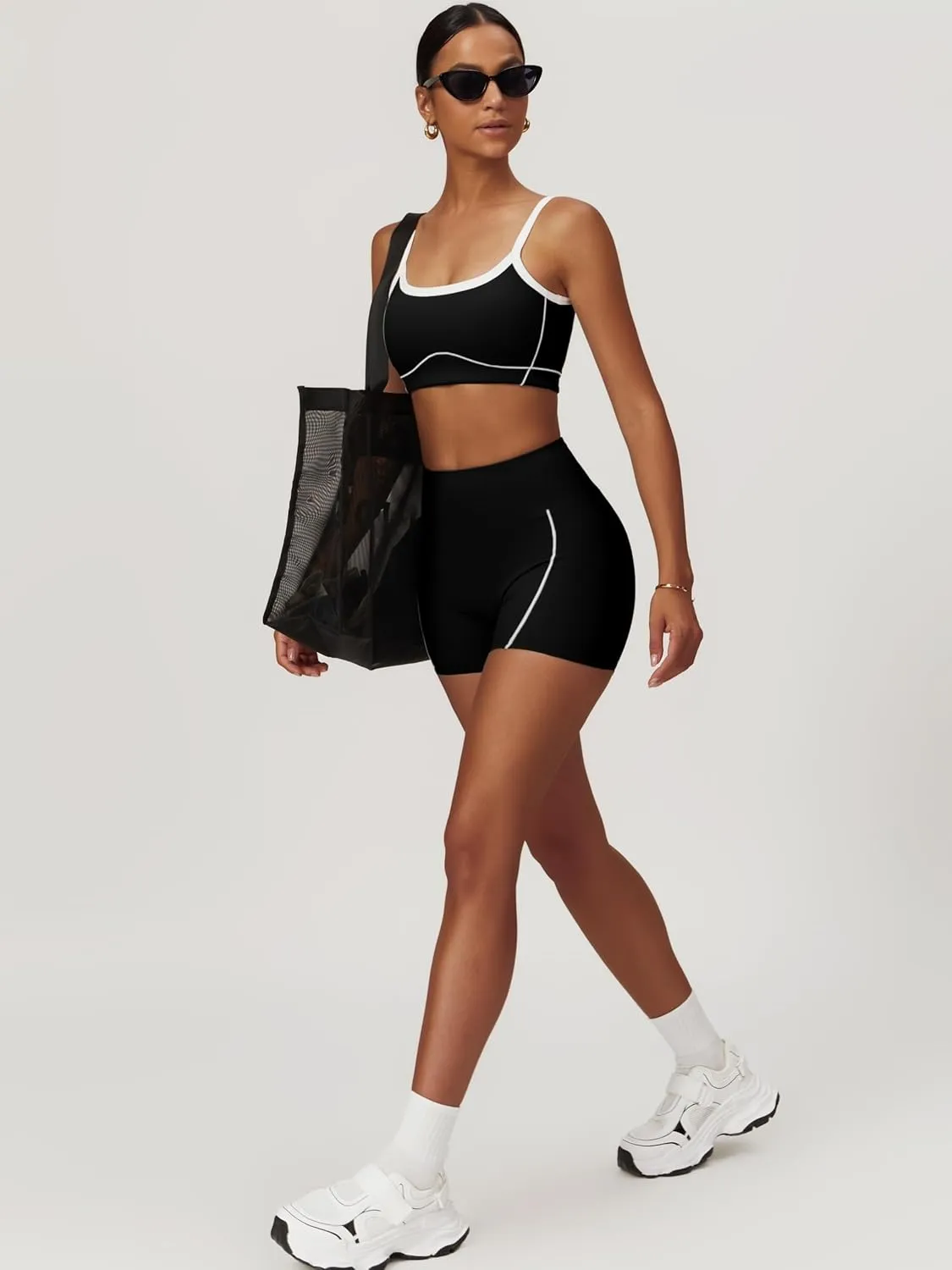 Two Piece Women Workout Sets Color Block Sports Bra and Scrunch Butt Lifting Shorts Gym Yoga Active Wear Outfits