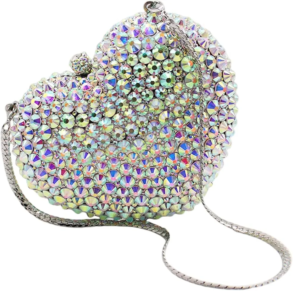 UMREN Women Cute Heart Shape Rhinestones Clutch Purse Glitter Mini Love Handbag Sparkly Evening bag Clain Shoulder Bag