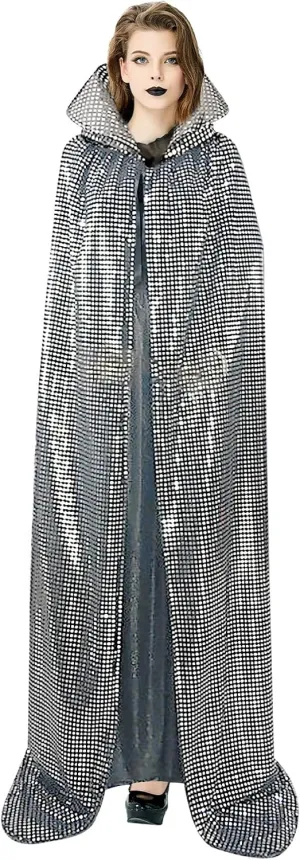 Unisex Shiny Sequins Cloak King Queen Cosplay Costume Stand Collar Full Length Cape for Halloween Christmas Mardi Gras