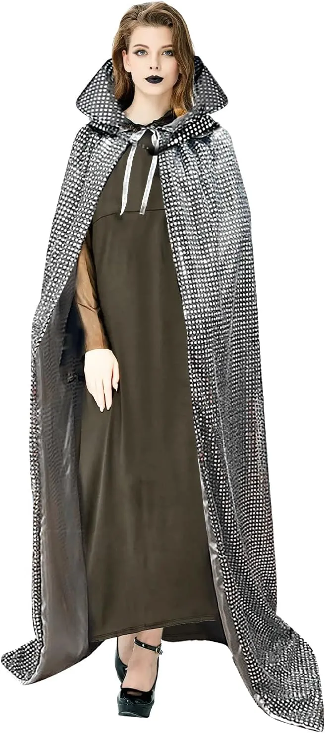 Unisex Shiny Sequins Cloak King Queen Cosplay Costume Stand Collar Full Length Cape for Halloween Christmas Mardi Gras
