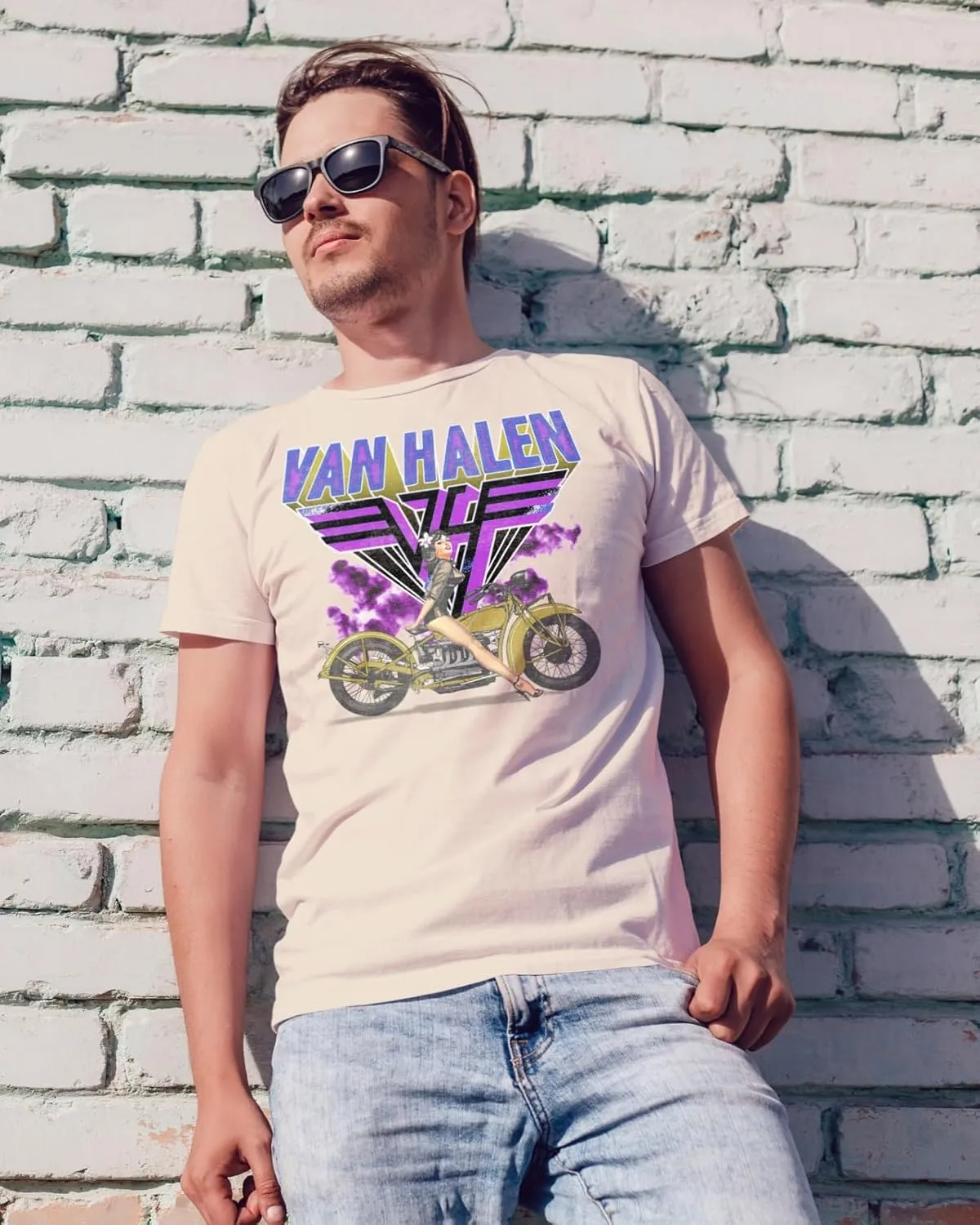 Van Halen Motorcycle Girl Adult Short Sleeve T Shirt American Rock 80s Music Vintage Style Graphic Tees