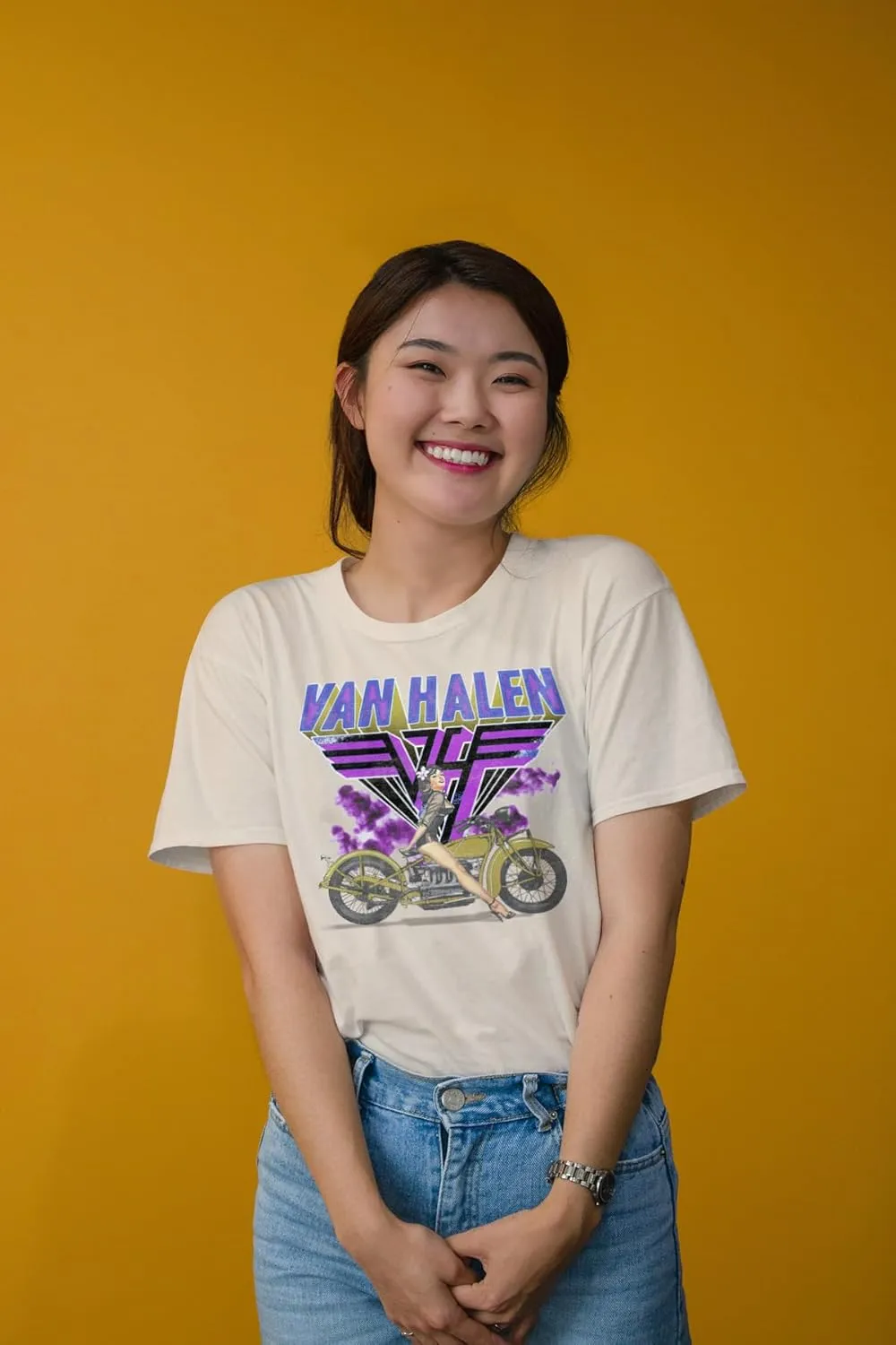 Van Halen Motorcycle Girl Adult Short Sleeve T Shirt American Rock 80s Music Vintage Style Graphic Tees
