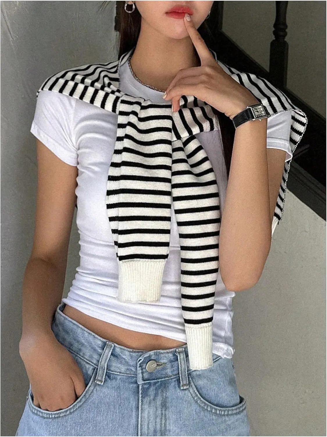 Verdusa Women's Casual Shawl Wraps Striped Knitted Knotted Shawls Scarf Cape