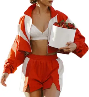 Vhitler Y2k Zip Up Jacket Shorts Sets Women 2 Piece Outfits Windbreaker Color Block 90s 80s Track Suits Streetwear