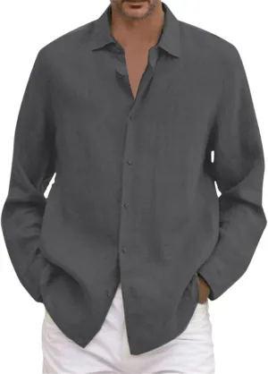 Vickyleb Button Down Linen Dress Shirts for Men Casual Long Sleeve Solid Color Regular Fit Cotton Beach Summer Shirts