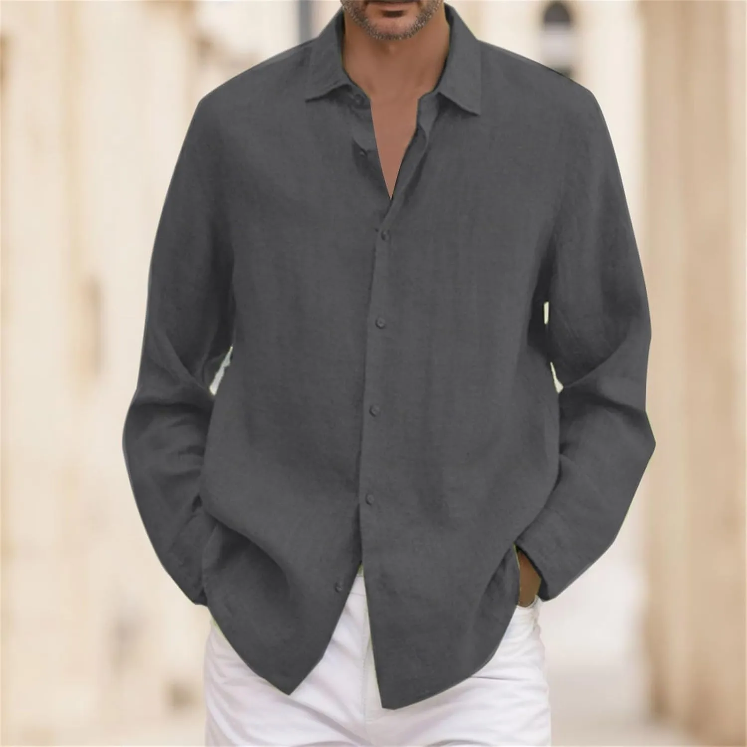 Vickyleb Button Down Linen Dress Shirts for Men Casual Long Sleeve Solid Color Regular Fit Cotton Beach Summer Shirts
