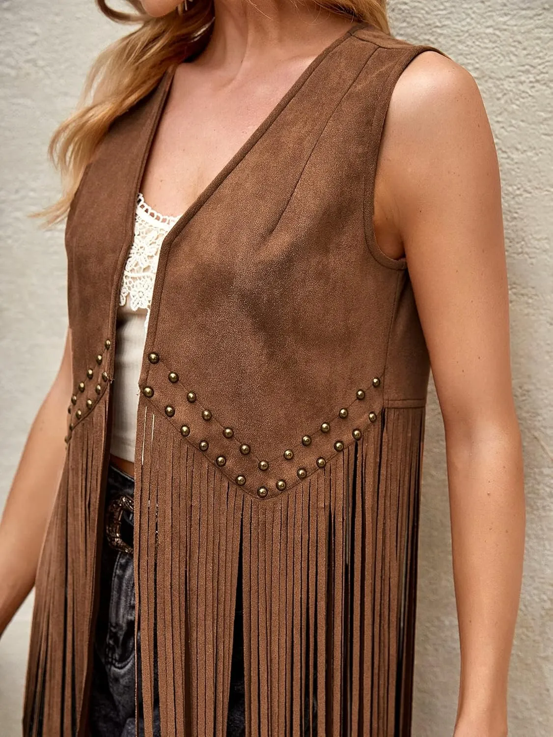 WDIRARA Women's Open Front Sleeveless Tassels Vest Cardigan Fringe Hem Vest