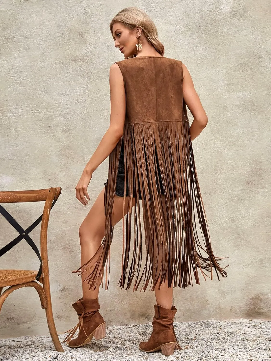 WDIRARA Women's Open Front Sleeveless Tassels Vest Cardigan Fringe Hem Vest