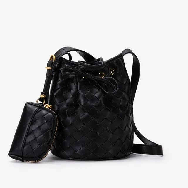Weave PU Leather Bucket Crossbody Bag