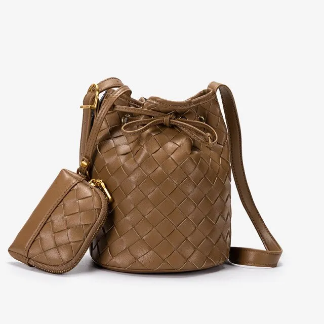 Weave PU Leather Bucket Crossbody Bag