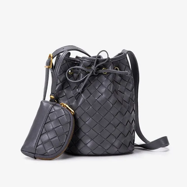 Weave PU Leather Bucket Crossbody Bag
