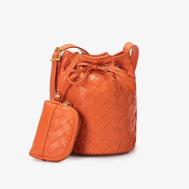 Weave PU Leather Bucket Crossbody Bag