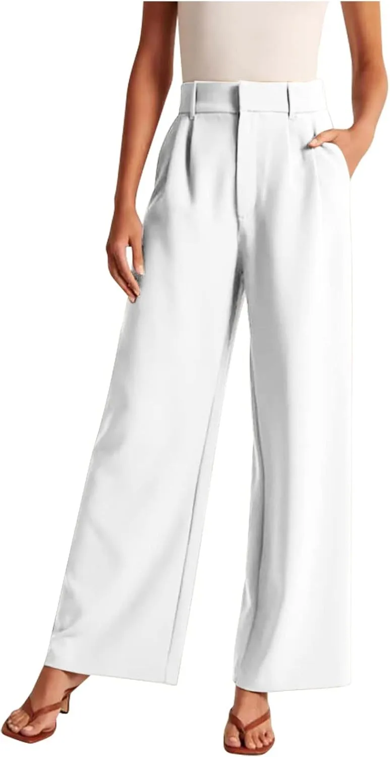 Wide Leg Dressy Pants for Women Elastic High Waist Smocked Palazzo Pants Flowy Culottes Office Work Elegant Trousers