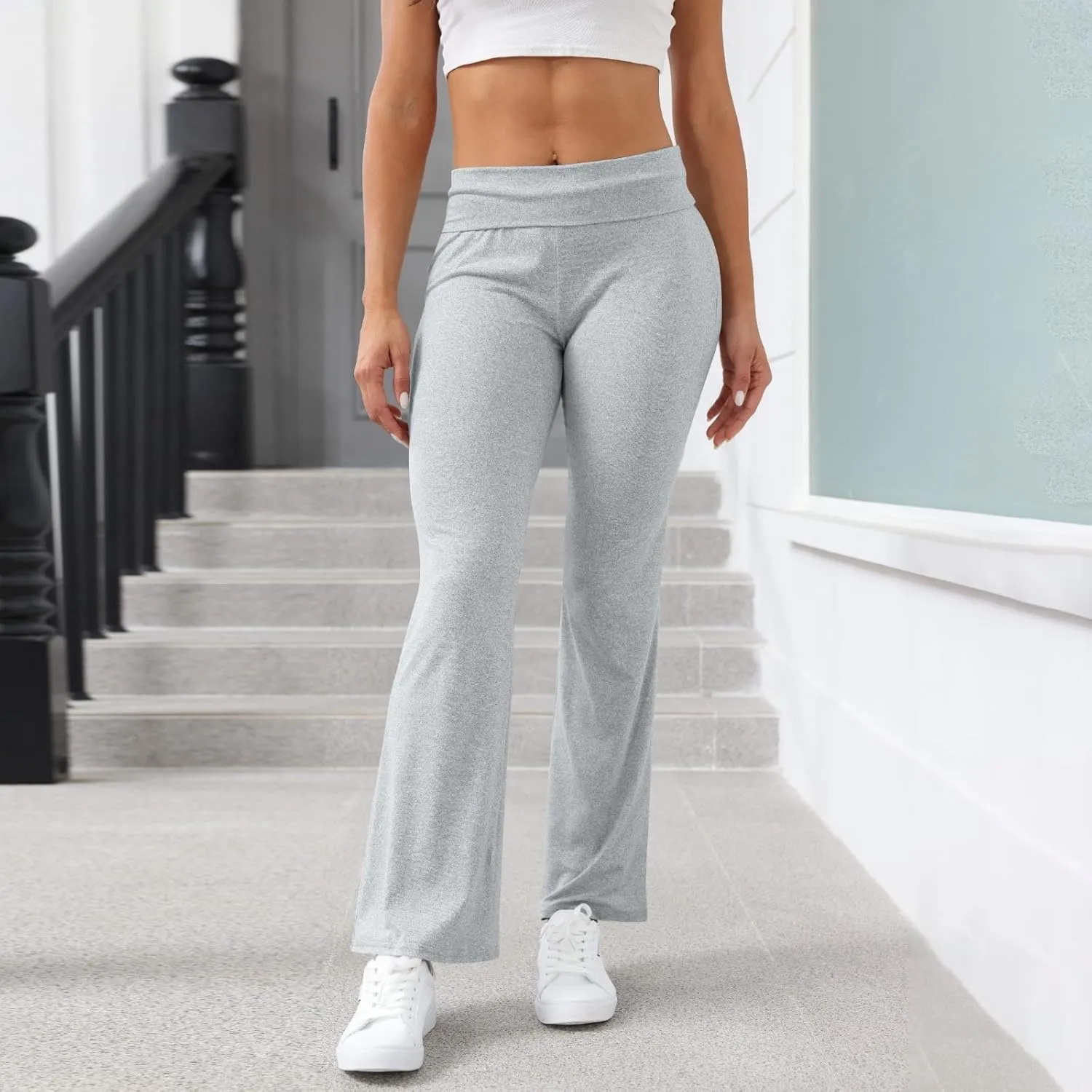 Wide Leg Pants Woman, High Waisted Summer Yoga Pants Flare Elastic Waist Stretchy Tummy Control Trousers