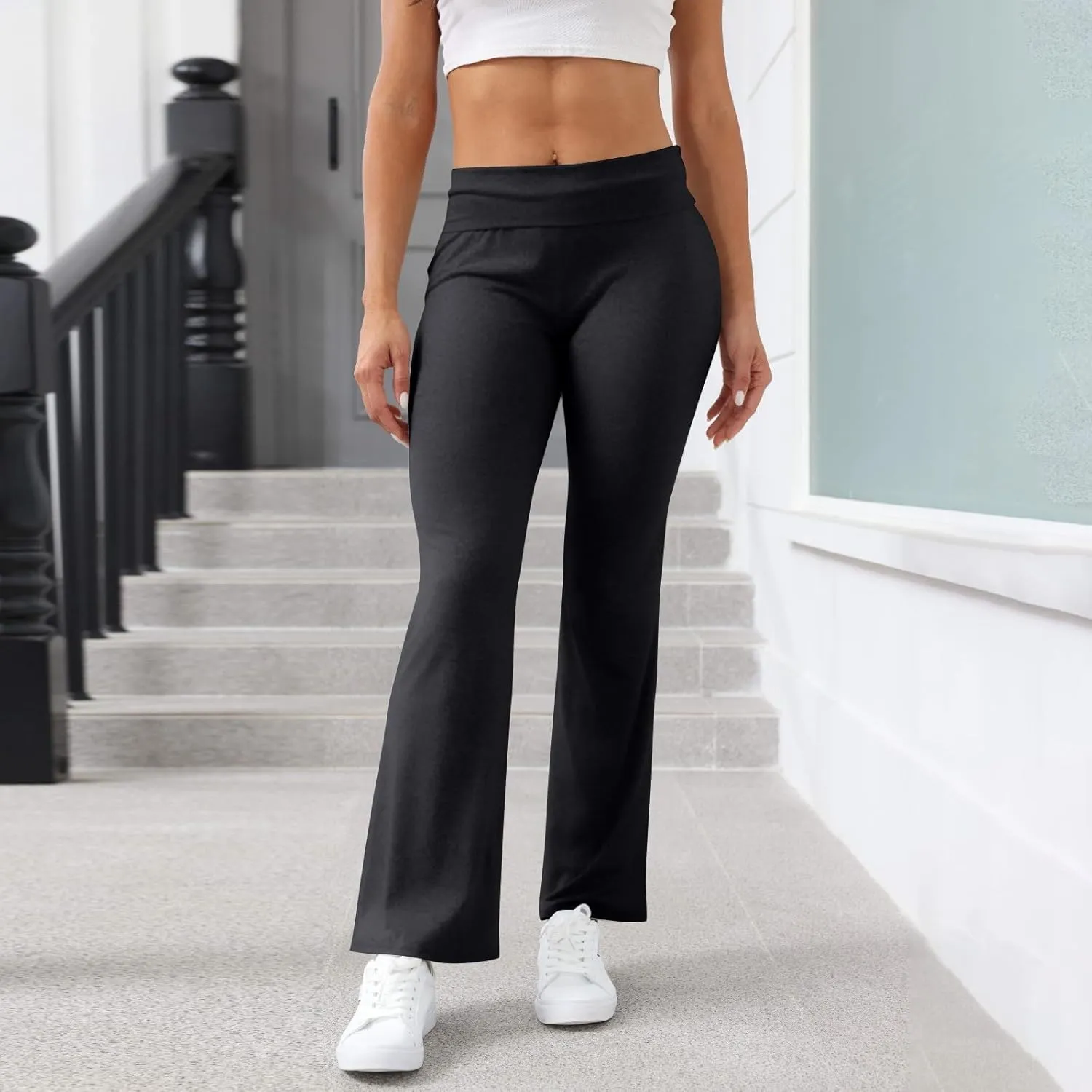 Wide Leg Pants Woman, High Waisted Summer Yoga Pants Flare Elastic Waist Stretchy Tummy Control Trousers