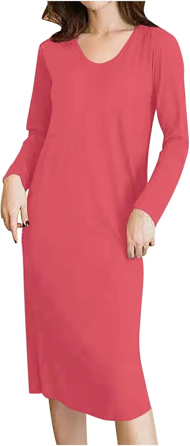 Women Built in Bra Sleepwear Long Sleeve Mid Length Nightgown Casual Loose Cozy Pjs Dress Outfits for Wife Girlfriend