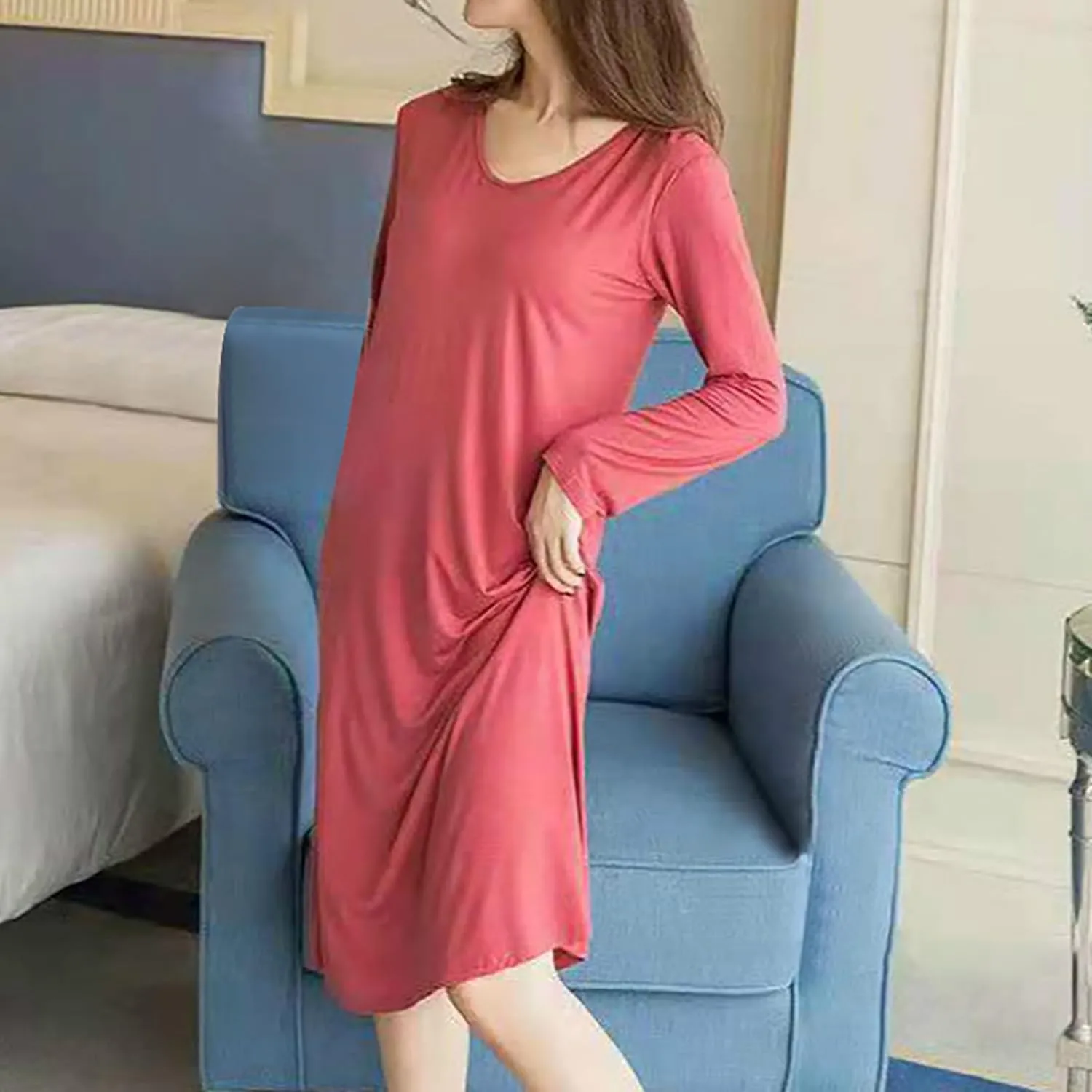 Women Built in Bra Sleepwear Long Sleeve Mid Length Nightgown Casual Loose Cozy Pjs Dress Outfits for Wife Girlfriend