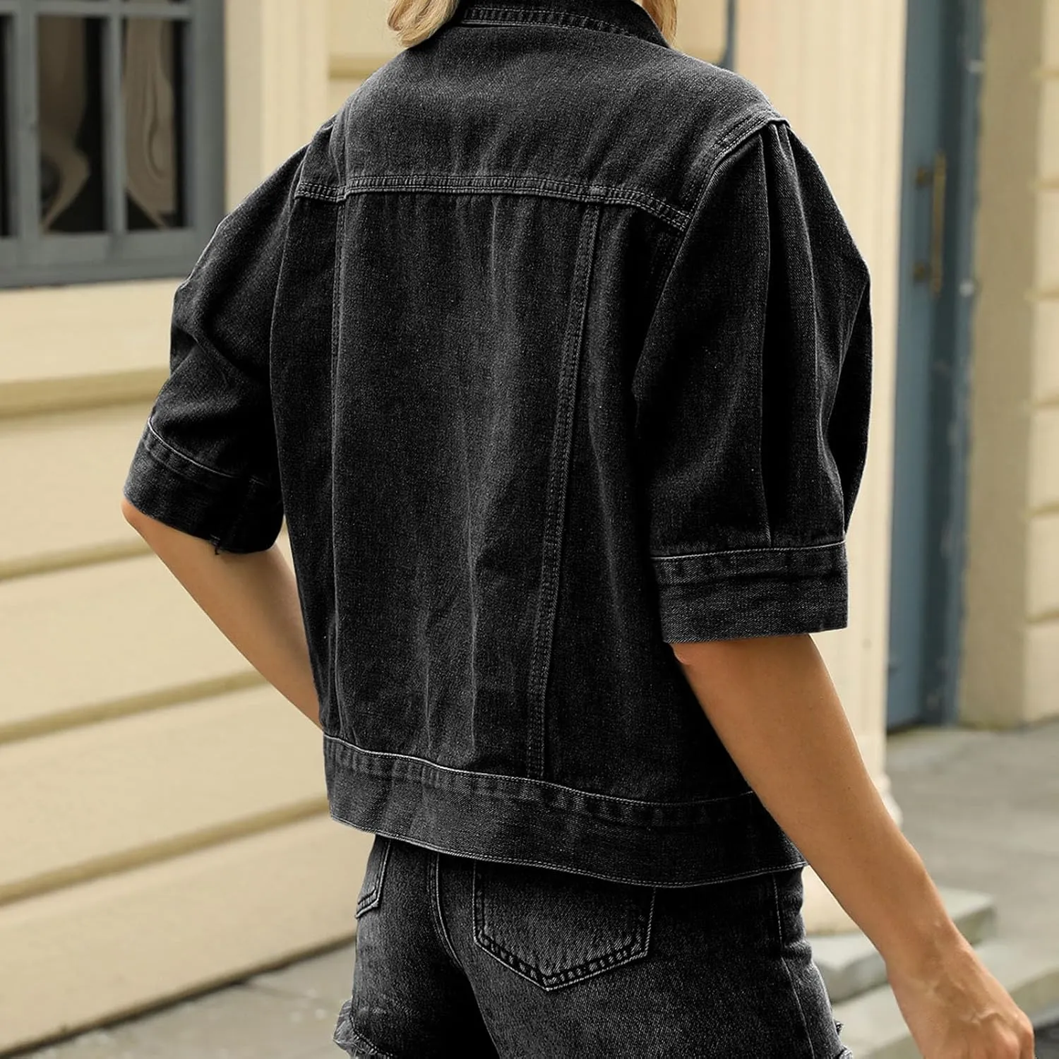 Women Denim Jacket Short Sleeve Solid Color Turn-down Collar Button Jean Jackets Coats Streetwear