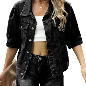 Women Denim Jacket Short Sleeve Solid Color Turn-down Collar Button Jean Jackets Coats Streetwear