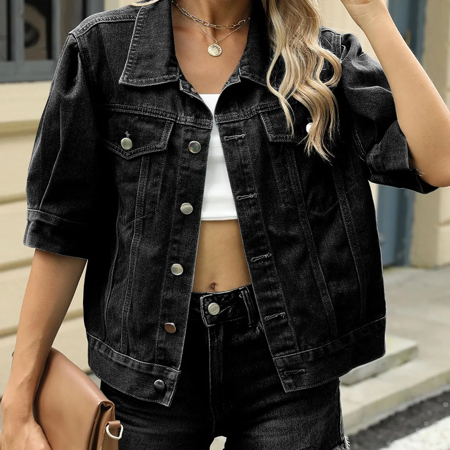 Women Denim Jacket Short Sleeve Solid Color Turn-down Collar Button Jean Jackets Coats Streetwear