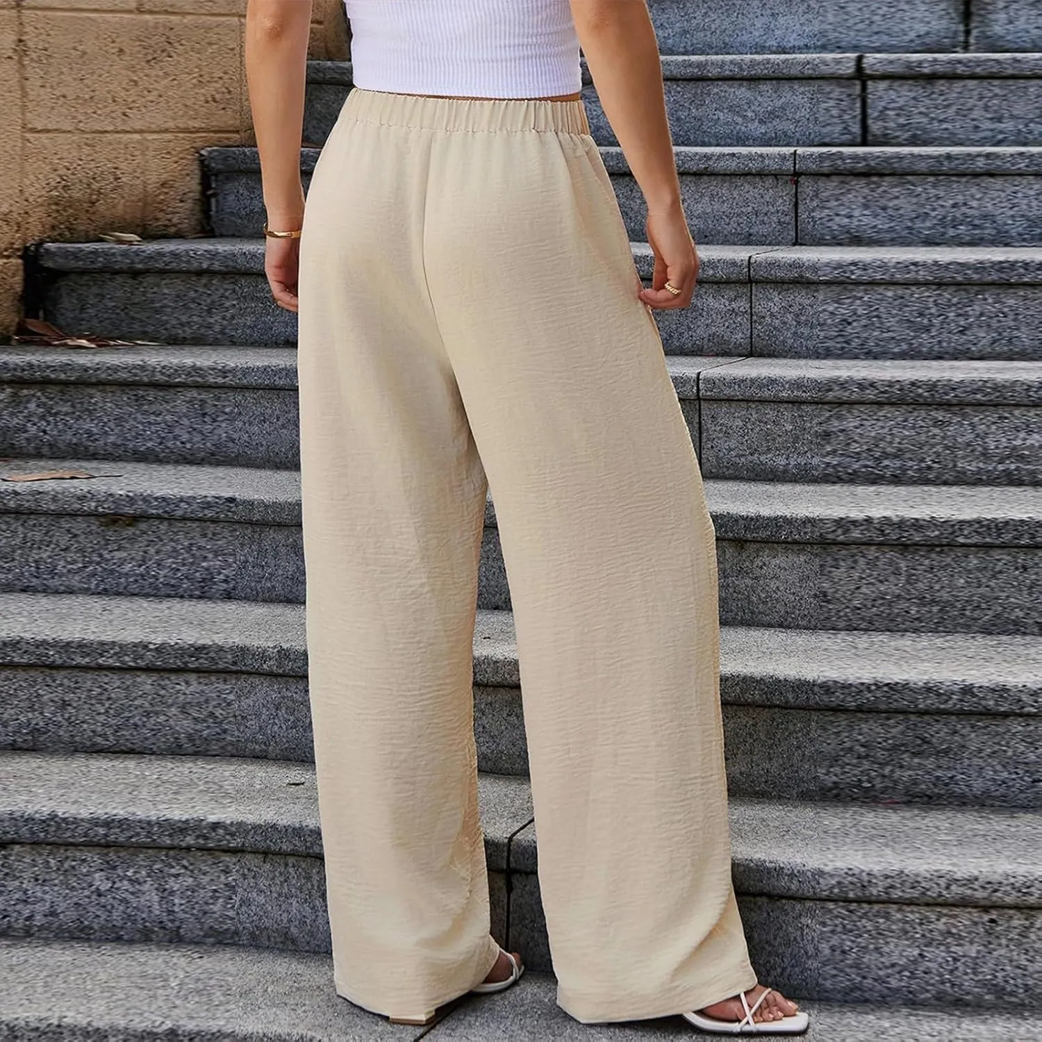 Women Linen Pants Summer Wide Leg Lounge Pants Drawstring High Waisted Beach Pants Flowy Trousers Pants with Pockets