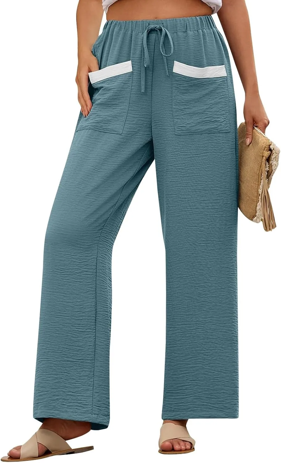 Women Linen Pants Summer Wide Leg Lounge Pants Drawstring High Waisted Beach Pants Flowy Trousers Pants with Pockets