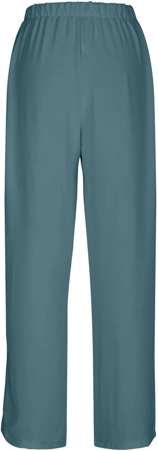 Women Linen Pants Summer Wide Leg Lounge Pants Drawstring High Waisted Beach Pants Flowy Trousers Pants with Pockets