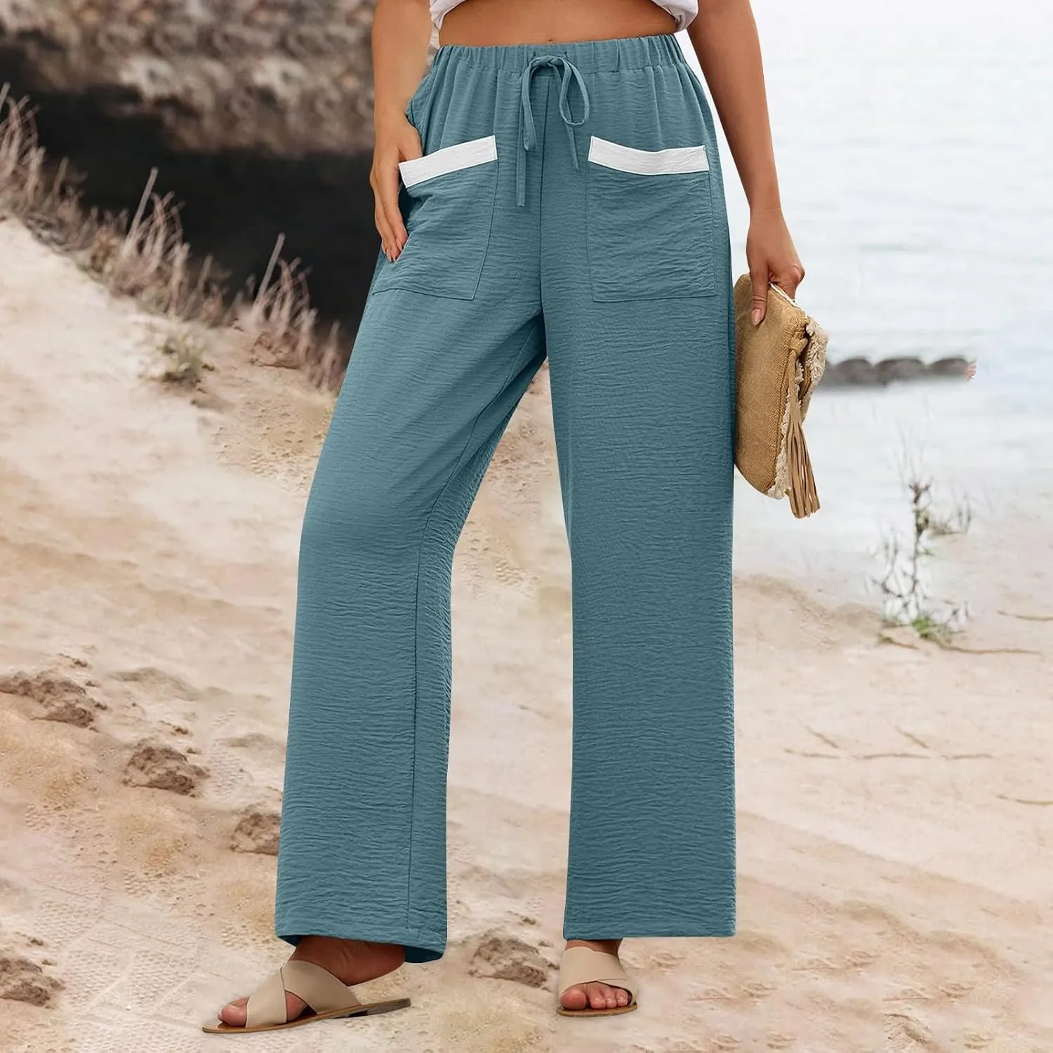 Women Linen Pants Summer Wide Leg Lounge Pants Drawstring High Waisted Beach Pants Flowy Trousers Pants with Pockets