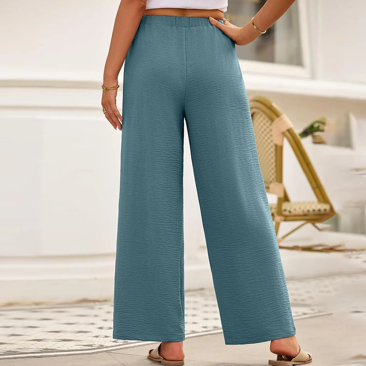 Women Linen Pants Summer Wide Leg Lounge Pants Drawstring High Waisted Beach Pants Flowy Trousers Pants with Pockets