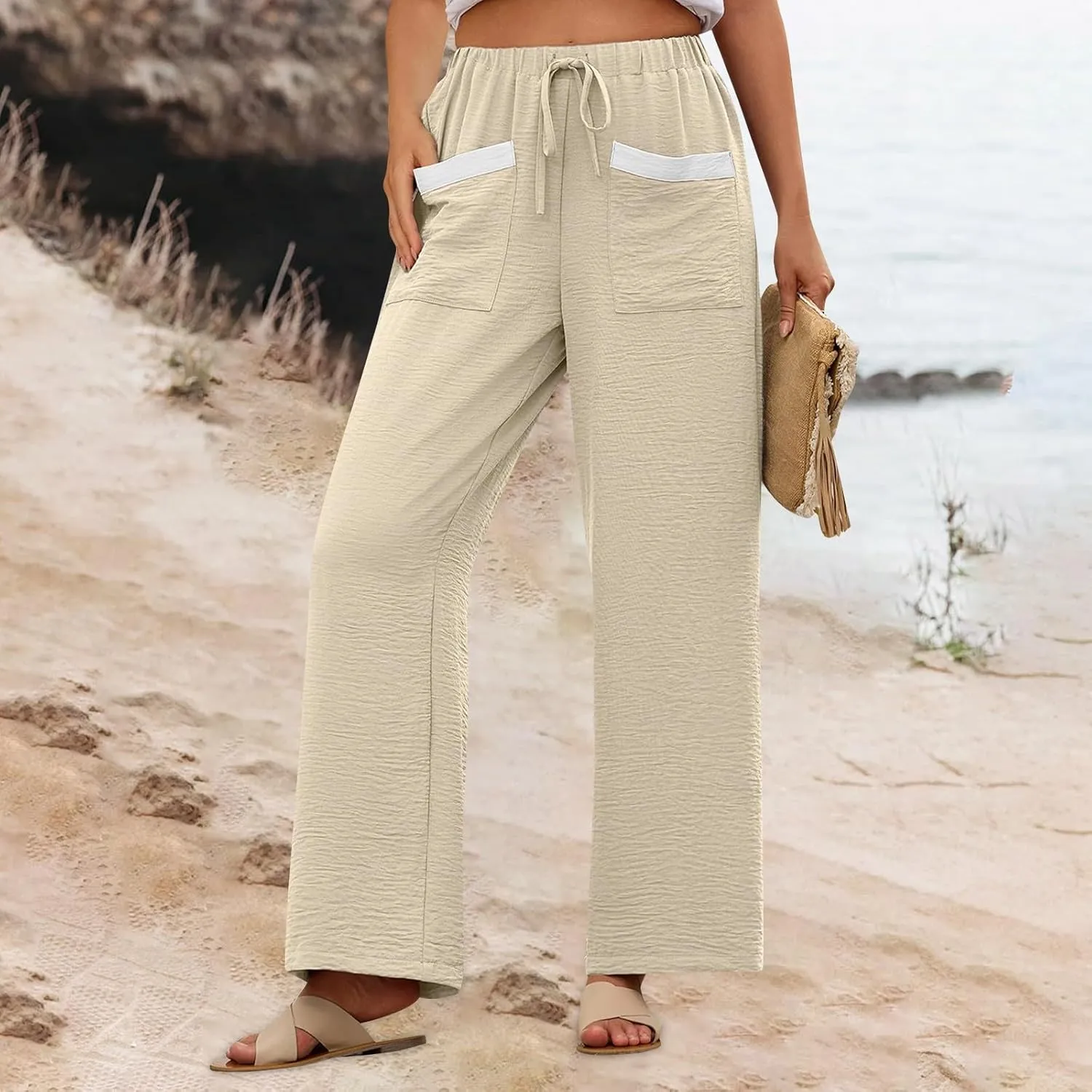 Women Linen Pants Summer Wide Leg Lounge Pants Drawstring High Waisted Beach Pants Flowy Trousers Pants with Pockets