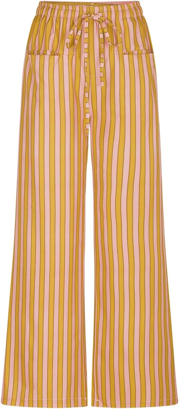 Women Pants Set Pants Pajamas Pjs Set for Women Ruched High Cut 2 Piece Striped Flare Wide Leg Pants Set