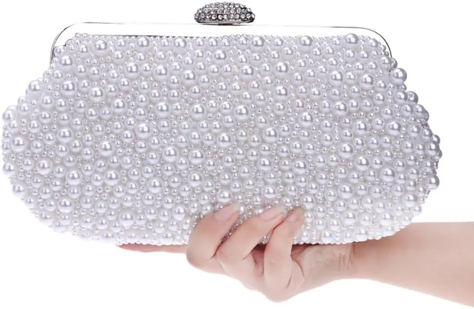 Women Pearl Clutch Bag Crystal Beaded Evening Bag Wedding Clutch Wallet Tote Handbag with Pearl Chain