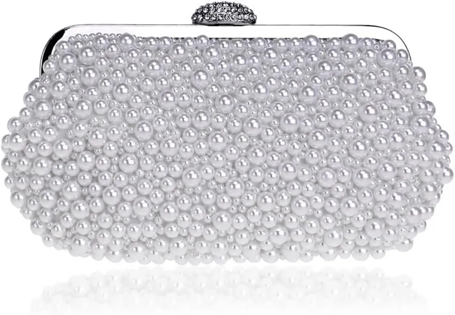 Women Pearl Clutch Bag Crystal Beaded Evening Bag Wedding Clutch Wallet Tote Handbag with Pearl Chain