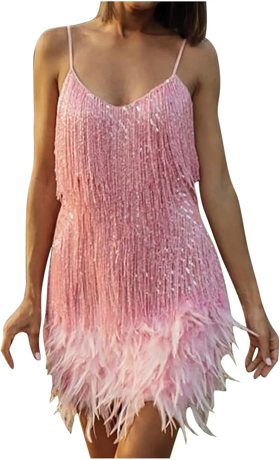 Women Sequin Fringe Dress Sparkly Spaghetti Strap Glitter Backless Mini Dress Disco Sexy V Neck Club Party Bodycon