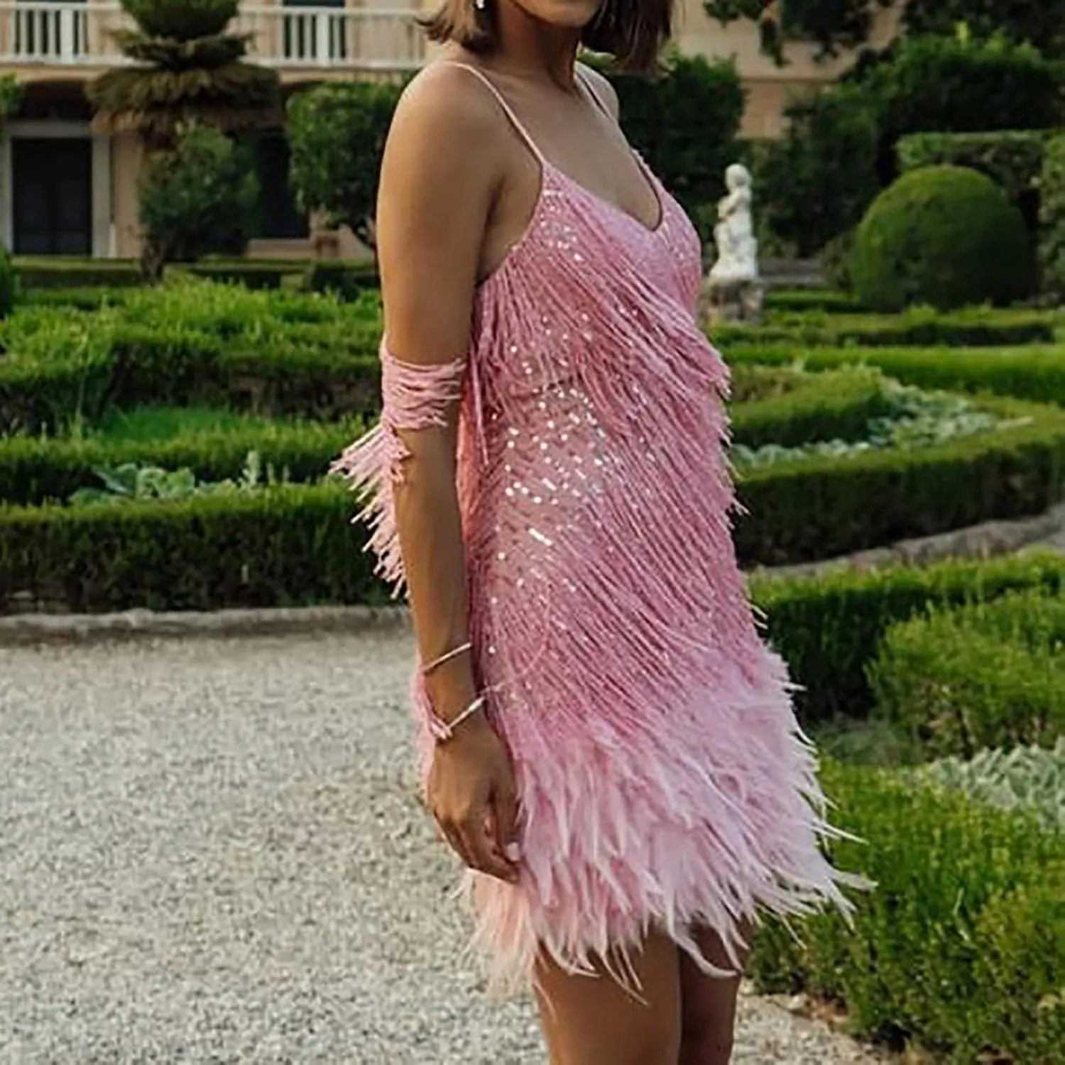 Women Sequin Fringe Dress Sparkly Spaghetti Strap Glitter Backless Mini Dress Disco Sexy V Neck Club Party Bodycon