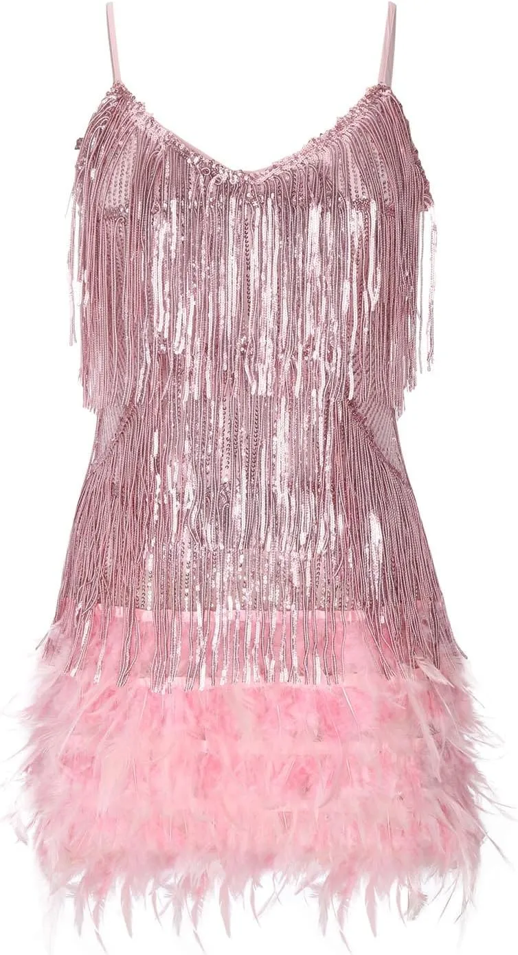 Women Sequin Fringe Dress Sparkly Spaghetti Strap Glitter Backless Mini Dress Disco Sexy V Neck Club Party Bodycon