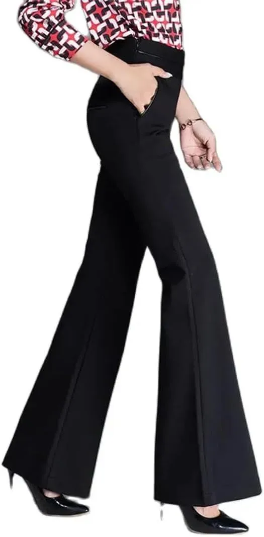 Women Slimming Fit Flare Pants High Waist Elastic Office Working Flared Trousers
