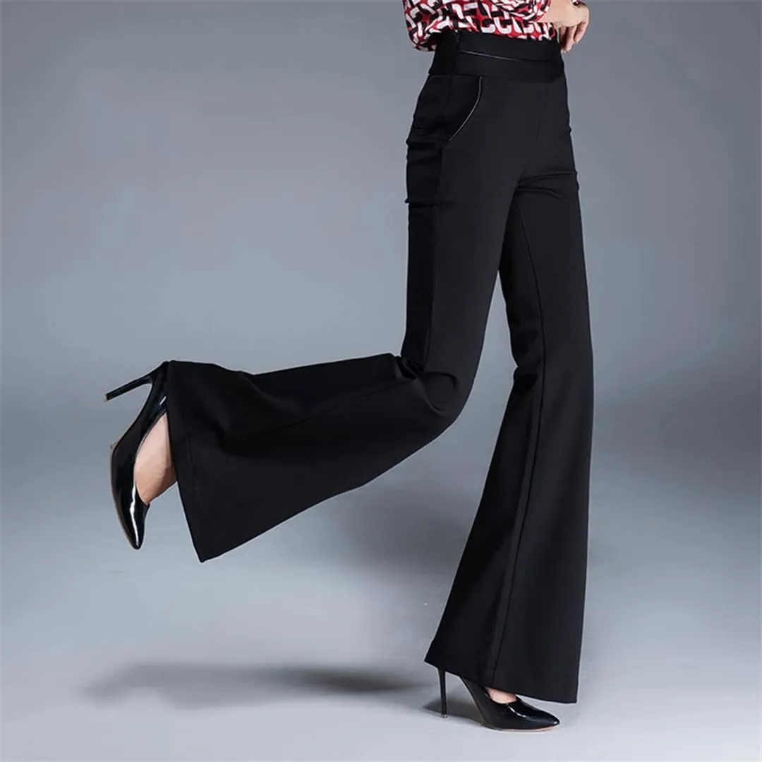 Women Slimming Fit Flare Pants High Waist Elastic Office Working Flared Trousers